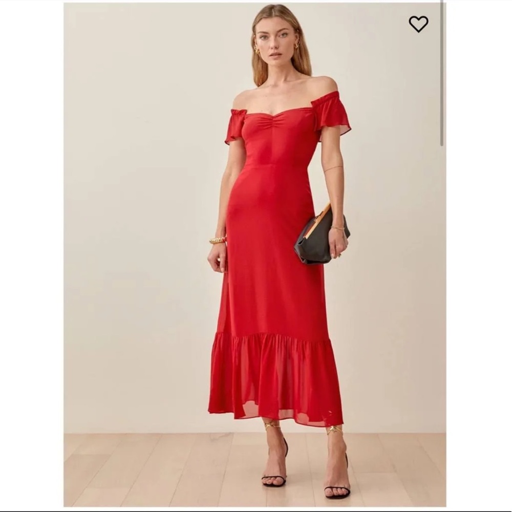 Reformation Red Off-Shoulder Midi Dress